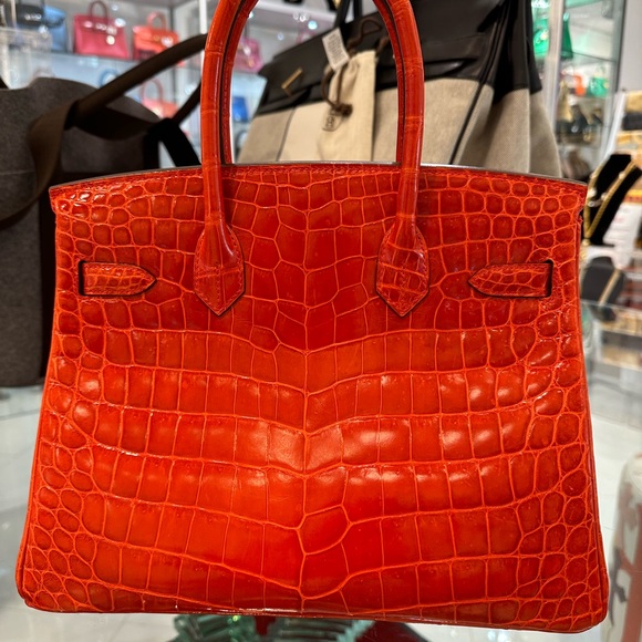Authentic Hermes 30cm Geranium Croc Handbag - Picture 2 of 7